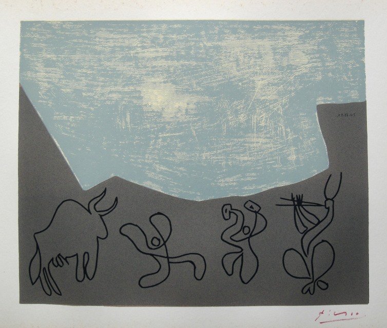 PABLO PICASSO, Hand signed Linocut, 1962: Pablo Picasso original hand signed Linocut, 1962. "Bacchanale" (Bloch 932) Signature in red pencil by Pablo Picasso. Publishing house Gerd Hatje, Stuttgart 1962 and for France edition Circle d'Art, Pa
