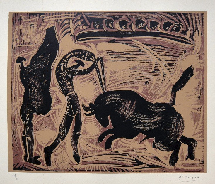 PABLO PICASSO, Hand signed Linocut, 1962: Pablo Picasso original hand signed Linocut, 1962. "Les Banderilles" (Bloch 940) Signature and numbered 40/50 in pencil by Pablo Picasso. Publishing house Gerd Hatje, Stuttgart 1962 and for France edit