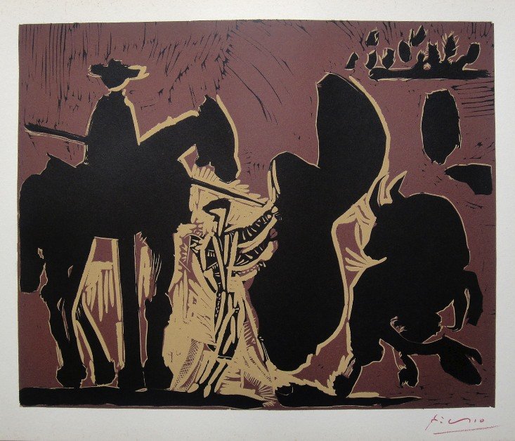 PABLO PICASSO, Hand signed Linocut, 1962: Pablo Picasso original hand signed Linocut, 1962. "Avant la Pique" (Bloch 941) Signature in red pencil by Pablo Picasso. Publishing house Gerd Hatje, Stuttgart 1962 and for France edition Circle d'Art