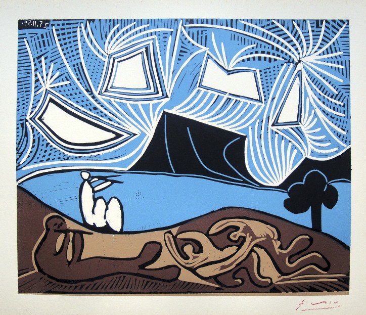 PABLO PICASSO, Hand signed Linocut, 1962: Pablo Picasso original hand signed Linocut, 1962. "Bacchanale" (Bloch 930) Signature in red pencil by Pablo Picasso. Publishing house Gerd Hatje, Stuttgart 1962 and for France edition Circle d'Art, Pa