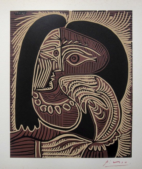 PABLO PICASSO, Hand signed Linocut, 1962: Pablo Picasso original hand signed Linocut, 1962. "Femme au Collier" (Bloch 928) Signature in red pencil by Pablo Picasso. Publishing house Gerd Hatje, Stuttgart 1962 and for France edition Circle d'A