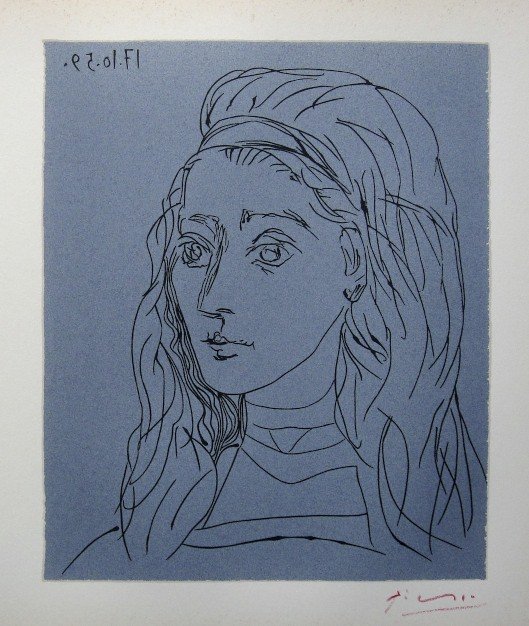 PABLO PICASSO, Hand signed Linocut, 1962: Pablo Picasso original hand signed Linocut, 1962. "Jacqueline" (Bloch 923) Signature in red pencil by Pablo Picasso. Publishing house Gerd Hatje, Stuttgart 1962 and for France edition Circle d'Art, Pa