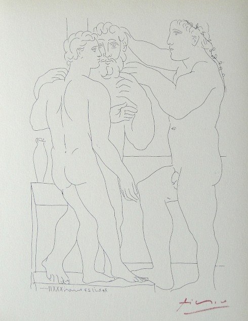 Pablo PICASSO "Suite Vollard" Lithograph 1952: Picasso Lithograph form the Suite Vollard "Deux Hommes sculptes" (Bloch 161). Hand signed in red pencil by Pablo Picasso, Edition from 1952. Size: 8.2 x 11 in (20 x 27 cm).