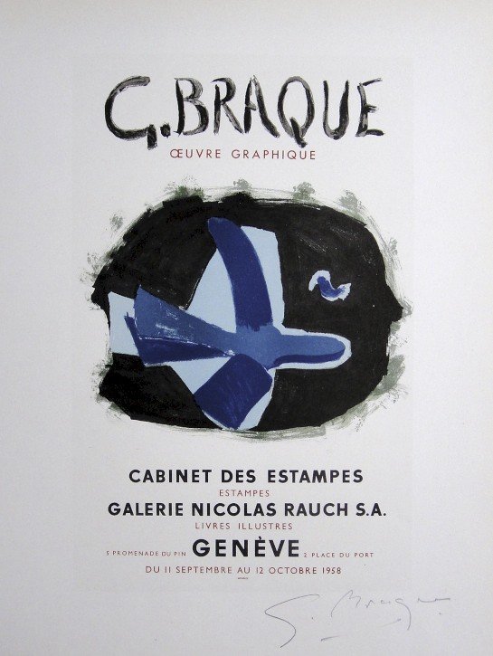 Georges Braque Lithograph Ecole de Paris 1952: Original lithograph from a VIP folder, 1952. Hand signed by Georges Braque in pencil. Lithograph: Fernand Mourlot, Paris. Editeur and Prov: Galerie Maeght, Paris. Size: 11.8 x 9 inches (30 x 23 cm).