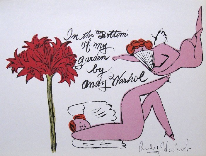 Andy WARHOL, signed offset Print, 1975: Andy Warhol, signed offset Print "In the Bottom of my Garden". From the series "Gold Book". Hand signed by Andy Warhol in black pen. 2nd Edition published in 1975. Size: 8.07 x 11.02 inches (20.5 x 28