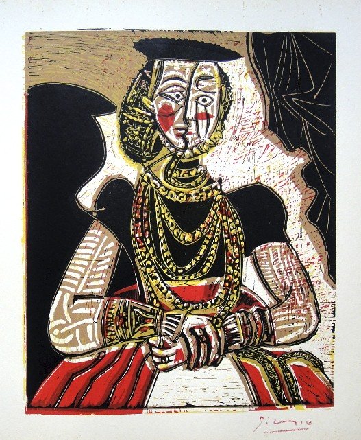 PABLO PICASSO, Hand signed Linocut, 1962: Pablo Picasso original hand signed Linocut, 1962. "Buste de Femme" (Bloch 859) Signature in red pencil by Pablo Picasso. Publishing house Gerd Hatje, Stuttgart 1962 and for France edition Circle d'Art