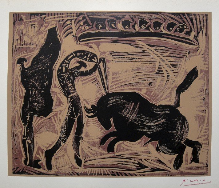 PABLO PICASSO, Hand signed Linocut, 1962: Pablo Picasso original hand signed Linocut, 1962. "Les Banderilles" (Bloch 940) Signature in red pencil by Pablo Picasso. Publishing house Gerd Hatje, Stuttgart 1962 and for France edition Circle d'Ar
