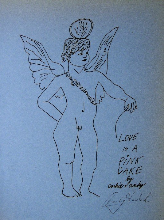 Andy WARHOL, signed offset Print, 1975: Signed offset Print on blue paper by Andy Warhol. From the series "Gold Book". Hand signed by Andy Warhol in black pen. 2nd Edition published in 1975. Size: 11 x 8.2 in (28 x 21 cm), printed on the ba