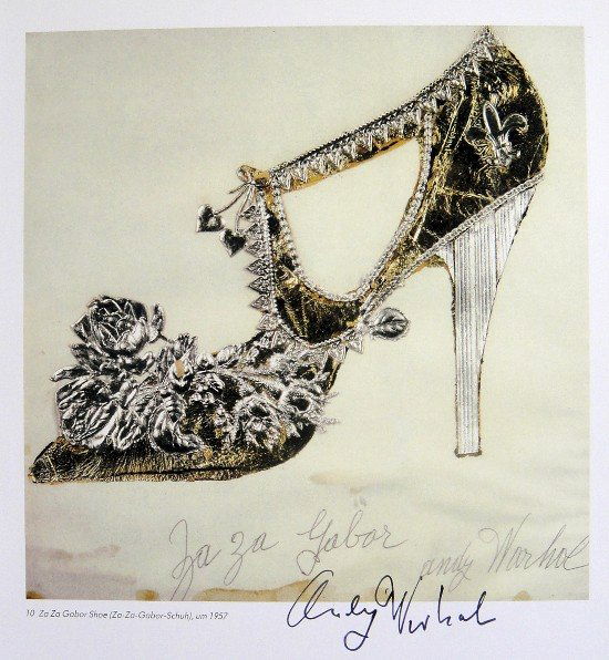 Andy Warhol, signed Print, Za Za Gabor Shoe, 1986: Andy WARHOL, "Za Za Gabor Shoe" signed Print. From a signed VIP book from 1986. Hand signed by Andy Warhol in black pen. Small picture number and title and printed on the back. Size: 10.63 x 9.06 in (