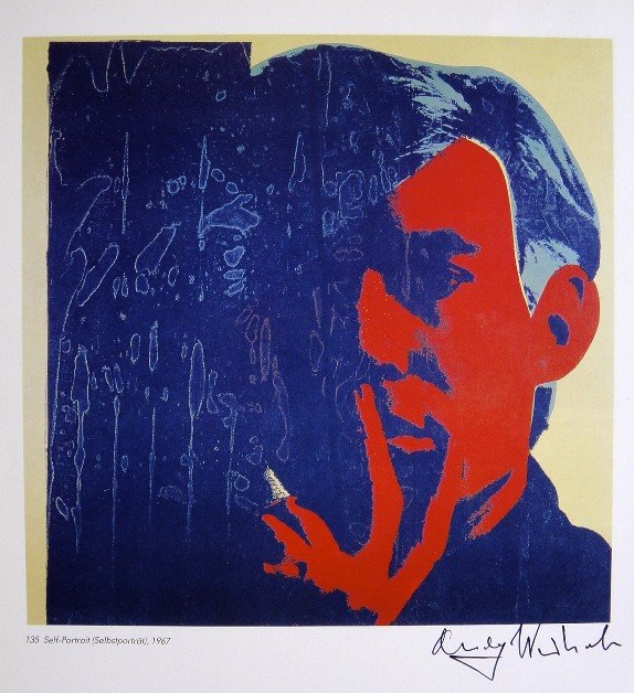 Andy Warhol, signed Print, Self-Portrait, 1986: Andy WARHOL, "Self-Portrait" signed Print. From a signed VIP book from 1986. Hand signed by Andy Warhol in black pen. Small picture number and title and printed on the back. Size: 10.63 x 9.06 in (27 