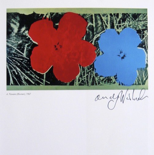Andy Warhol, signed Print, Flowers, 1986: Andy WARHOL, "Flowers" signed Print. From a signed VIP book from 1986. Hand signed by Andy Warhol in black pen. Small picture number and title and printed on the back. Size: 10.63 x 9.06 in (27 x 23 c