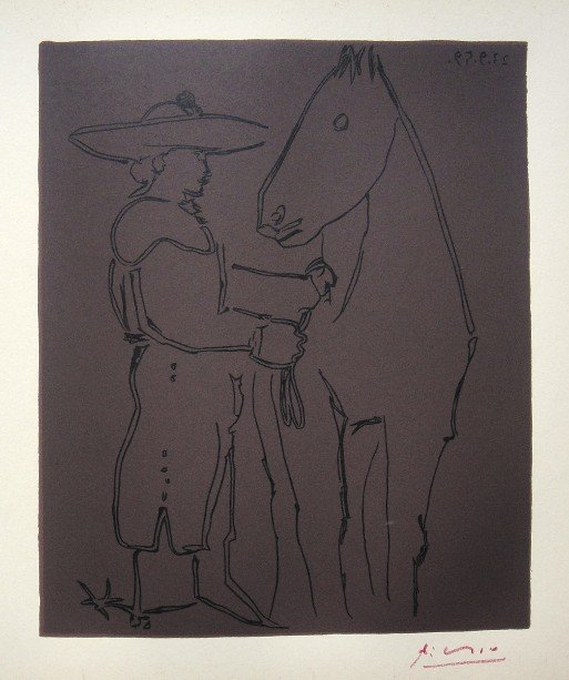 PABLO PICASSO, Hand signed Linocut, 1962: Pablo Picasso original hand signed Linocut, 1962. "Picador et Cheval" (Bloch 912) Signature in red pencil by Pablo Picasso. Publishing house Gerd Hatje, Stuttgart 1962 and for France edition Circle d'