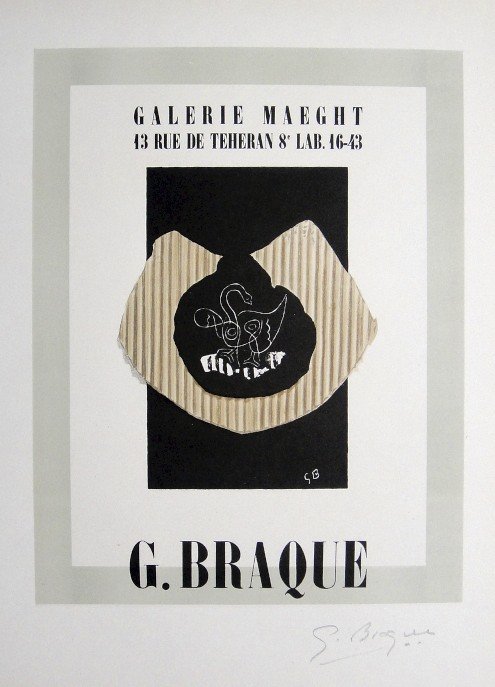 Georges Braque Lithograph Ecole de Paris 1952: Original lithograph from a VIP folder, 1952. Hand signed by Georges Braque in pencil. Lithograph: Fernand Mourlot, Paris. Editeur and Prov: Galerie Maeght, Paris. Size: 11.8 x 9 inches (30 x 23 cm).