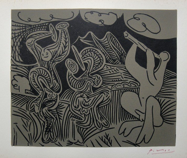 PABLO PICASSO, Hand signed Linocut, 1962: Pablo Picasso original hand signed Linocut, 1962. "Danseurs et Musicien" (Bloch 939) Signature in red pencil by Pablo Picasso. Publishing house Gerd Hatje, Stuttgart 1962 and for France edition Circle