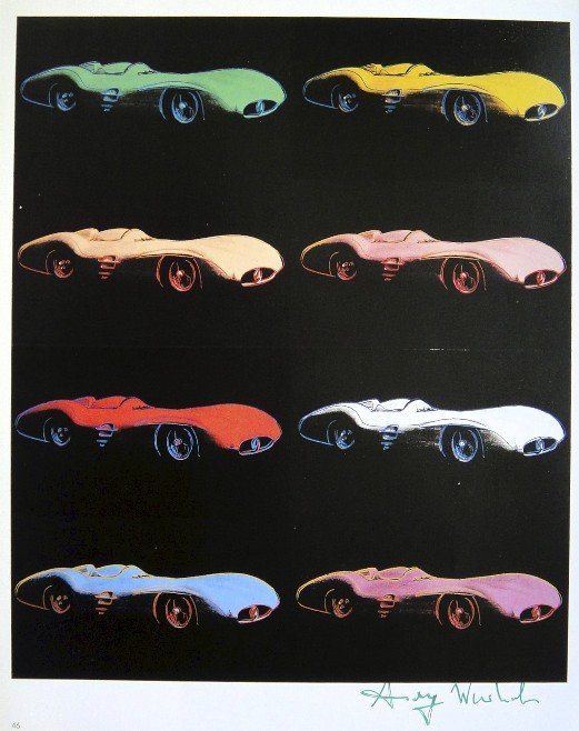 Andy Warhol, signed Print, Cars, 1986: Andy WARHOL, "Cars" signed Print. From a signed VIP book from 1986. Hand signed by Andy Warhol in silver pen. Small page number and printed on the back. Size: 12.2 x 9.65 in (31 x 24.5 cm).