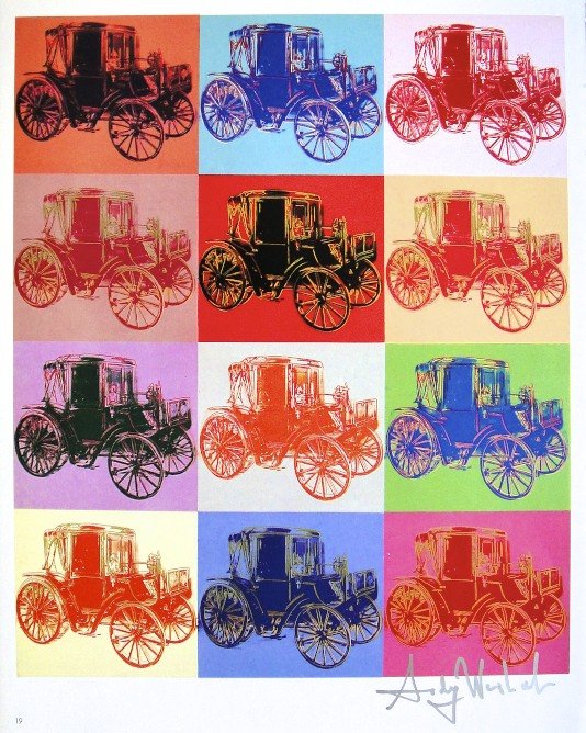 Andy Warhol, signed Print, Cars, 1986: Andy WARHOL, "Cars" signed Print. From a signed VIP book from 1986. Hand signed by Andy Warhol in silver pen. Small page number and printed on the back. Size: 12.2 x 9.65 in (31 x 24.5 cm).