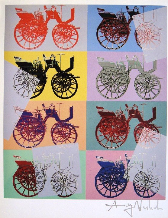 Andy Warhol, signed Print, Cars, 1986: Andy WARHOL, "Cars" signed Print. From a signed VIP book from 1986. Hand signed by Andy Warhol in silver pen. Small page number and printed on the back. Size: 12.2 x 9.65 in (31 x 24.5 cm).