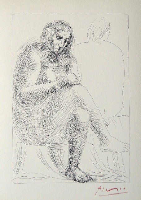 Pablo PICASSO "Suite Vollard" Lithograph 1952: Picasso Lithograph form the Suite Vollard "Au Bain" (Bloch 141). Hand signed in red pencil by Pablo Picasso, Edition from 1952. Size: 8.2 x 11 in (20 x 27 cm).