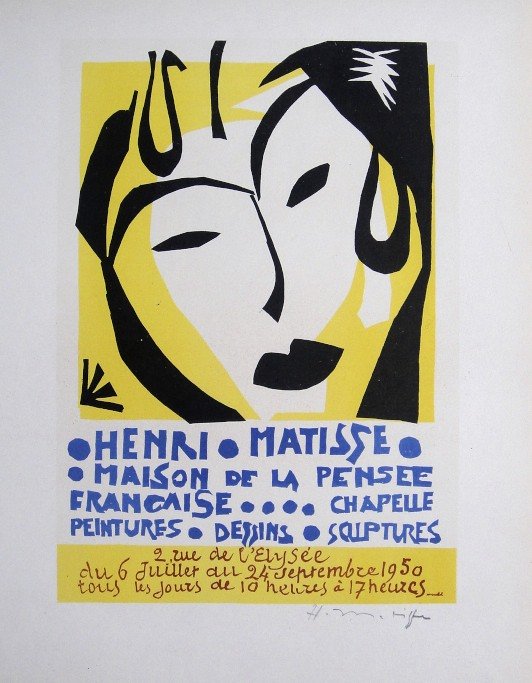 Henri MATISSE Lithograph Ecole de Paris 1952: Original lithograph "Maison de la Pensee" from a VIP folder, 1952. Hand signed by Henri Matisse in pencil. Lithograph: Fernand Mourlot, Paris. Editeur and Prov: Galerie Maeght, Paris. Size: 11.8 x 9.2