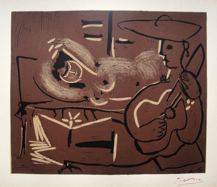 PABLO PICASSO, Hand signed Linocut, 1962: Pablo Picasso original hand signed Linocut, 1962. "Femme couchee et Guitariste" (Bloch 918) Signature in red pencil by Pablo Picasso. Publishing house Gerd Hatje, Stuttgart 1962 and for France edition