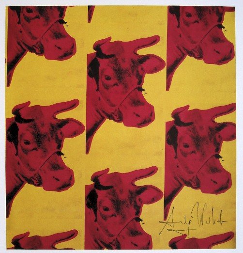 Andy Warhol, signed Print, Cow Wallpaper, 1986: Andy WARHOL, "Cow Wallpaper" signed Print. From a signed VIP book from 1986. Hand signed by Andy Warhol in black pen. Size: 9.06 x 8.46 in (23 x 21.5 cm), printed on the back.