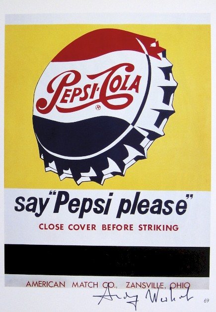 Andy Warhol, signed Print, Pepsi-Cola, 1986: Andy WARHOL, "Pepsi-Cola" signed Print. From a signed VIP book from 1986. Hand signed by Andy Warhol in black pen. Size: 10.43 x 7.09 in (26.5 x 18 cm), page number and printed on the back.
