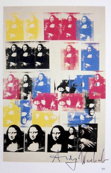 Andy Warhol, signed Print, Mona Lisa, 1986: Andy WARHOL, "Mona Lisa" signed Print. From a signed VIP book from 1986. Hand signed by Andy Warhol in black pen. Size: 10.43 x 7.09 in (26.5 x 6.5 cm), page number and printed on the back.
