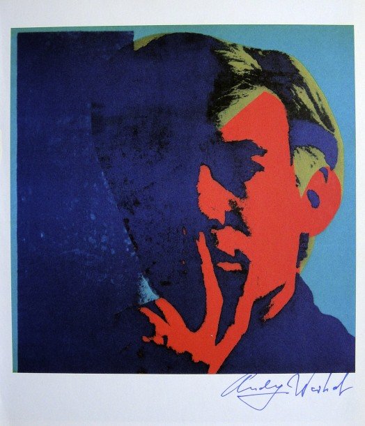 Andy Warhol, signed Print, Self-Portrait, 1976: Andy WARHOL, "Self-Portrait" signed Print. From a signed VIP book from 1976. Hand signed by Andy Warhol in blue pen. Size: 10.24 x 8.07 in (26.5 x 6.5 cm), printed on the back.