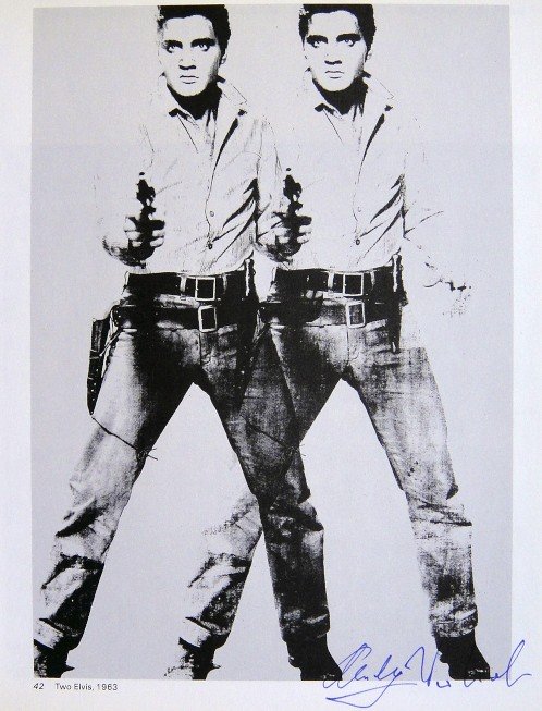 Andy Warhol, signed Print, Two Elvis, 1976: Andy WARHOL, "Two Elvis" signed Print. From a signed VIP book from 1976. Hand signed by Andy Warhol in blue pen. With titel and page number, printed on the back. Size: 10.24 x 8.07 in (26.5 x 6.5 cm).