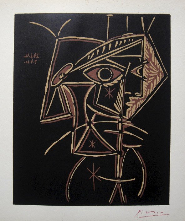 PABLO PICASSO, Hand signed Linocut, 1962: Pablo Picasso original hand signed Linocut, 1962. "Tete de Femme" (Bloch 947) Signature in red pencil by Pablo Picasso. Publishing house Gerd Hatje, Stuttgart 1962 and for France edition Circle d'Art,