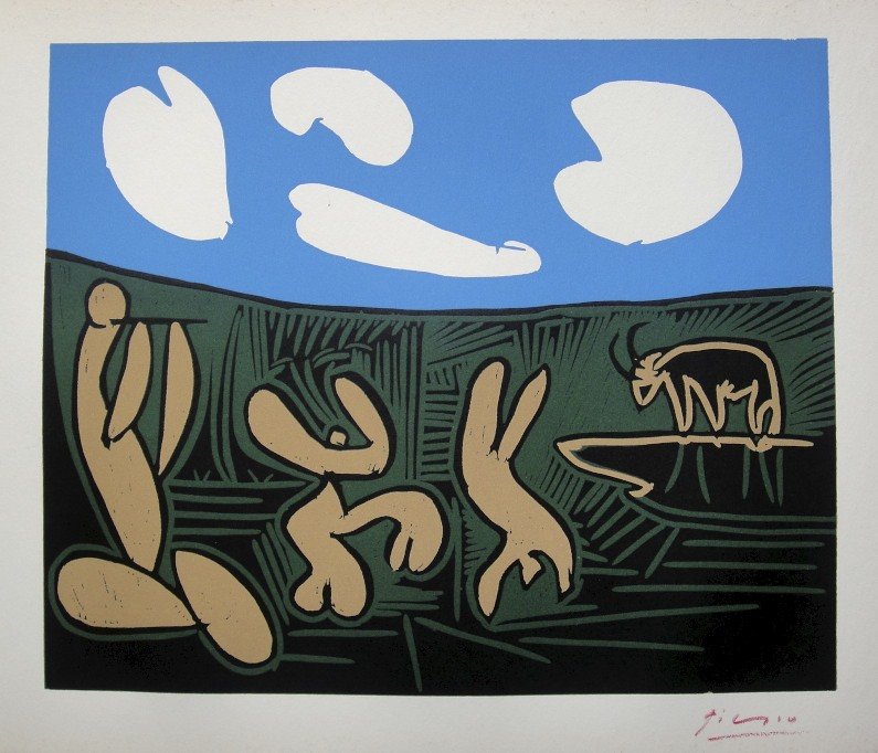 PABLO PICASSO, Hand signed Linocut, 1962: Pablo Picasso original hand signed Linocut, 1962. "Bacchanale au Taureau" (Bloch 933) Signature in red pencil by Pablo Picasso. Publishing house Gerd Hatje, Stuttgart 1962 and for France edition Circl