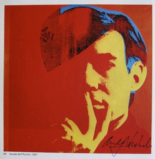 Andy Warhol, signed Print, , 1976: Andy WARHOL, "Double Self-Portrait" signed Print. From a signed VIP book from 1976. Hand signed by Andy Warhol in blue pen. With titel and page number, printed on the back. Size: 10.24 x 8.07 in (26.5