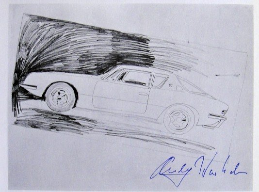 Andy Warhol, signed Print, Car, 1976: Andy WARHOL, "Car" signed Print. From a signed VIP book from 1976. Hand signed by Andy Warhol in blue pen. With titel and page number, printed on the back. Size: 10.24 x 8.07 in (26.5 x 6.5 cm).