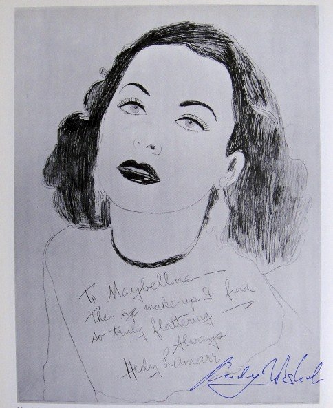 Andy Warhol, signed Print, Hedy Lamarr, 1976: Andy WARHOL, "Hedy Lamarr" signed Print. From a signed VIP book from 1976. Hand signed by Andy Warhol in blue pen. With titel and page number, printed on the back. Size: 10.24 x 8.07 in (26.5 x 6.5 cm