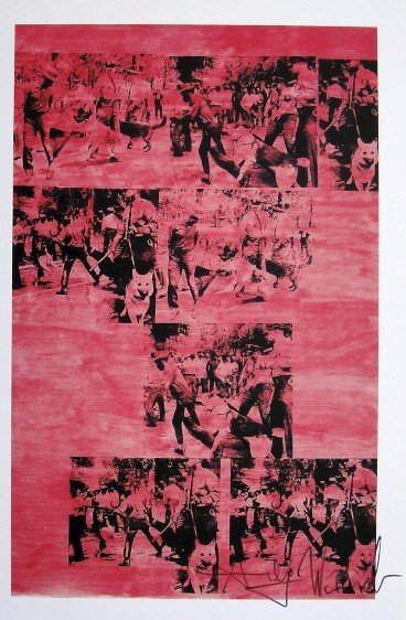 Andy Warhol, signed Print, Red Race Riot, 1986: Andy WARHOL, "Red Race Riot" signed Print. From a signed VIP book from 1986. Hand signed by Andy Warhol in black pen. With titel, small picture number and printed on the back. Size: 10.63 x 9.06 in (2