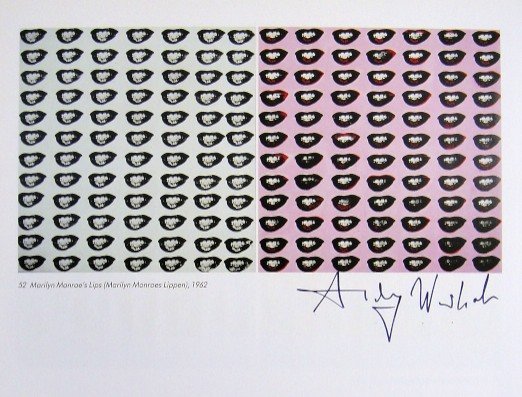 Andy Warhol, signed Print, Marilyn Monroe's Lips, 1986: Andy WARHOL, "Marilyn Monroe's Lips" signed Print. From a signed VIP book from 1986. Hand signed by Andy Warhol in black pen. With titel, small picture number and printed on the back. Size: 10.63 x 9.