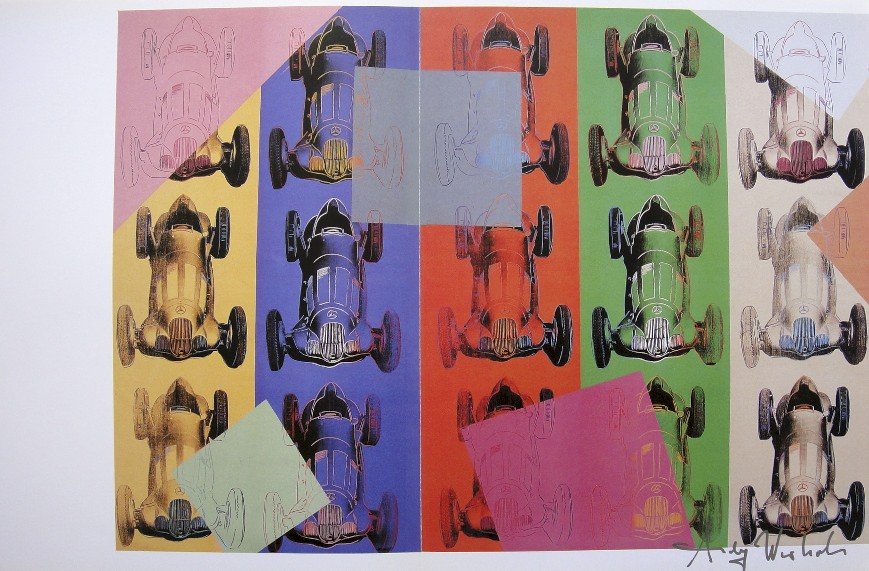 Andy Warhol, signed Print, Cars, 1986: Andy WARHOL, "Cars" signed Print. From a signed VIP book from 1986. Hand signed by Andy Warhol in silver pen. Small page number and printed on the back. Size: 12.2 x 18.7 in (31 x 47.5 cm), book fold.