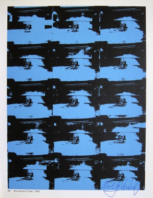 Andy Warhol, signed Print, , 1976: Andy WARHOL, "Blue Electric Chair" signed Print. From a signed VIP book from 1976. Hand signed by Andy Warhol in blue pen. With titel and page number, printed on the back. Size: 10.24 x 8.07 in (26.5