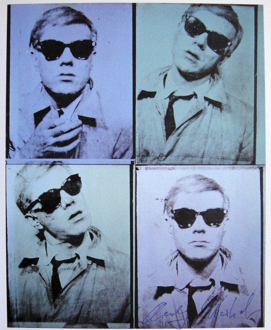 Andy Warhol, signed Print, Self-Portrait, 1976: Andy WARHOL, "Self-Portrait" signed Print. From a signed VIP book from 1976. Hand signed by Andy Warhol in blue pen. With titel and page number, printed on the back. Size: 10.24 x 8.07 in (26.5 x 6.5