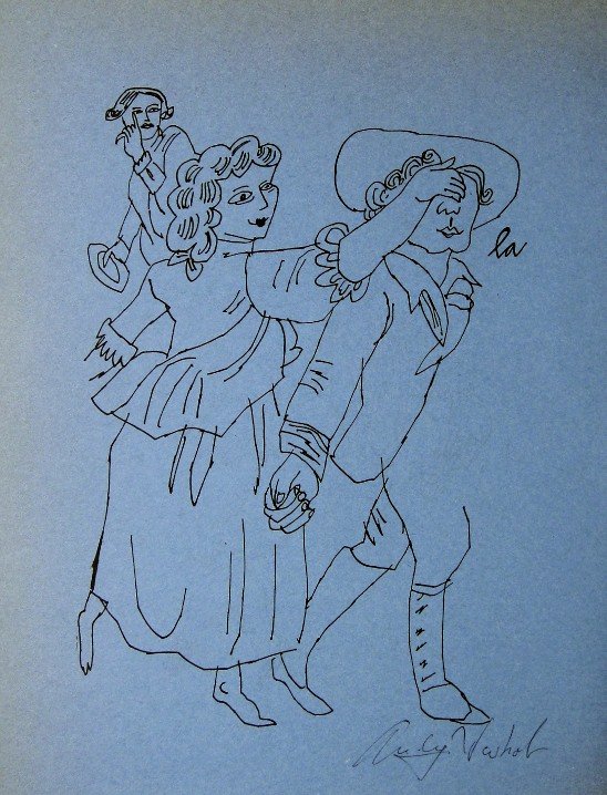 Andy WARHOL, signed offset Print, 1975: Signed offset Print on blue paper by Andy Warhol. From the series "Gold Book". Hand signed by Andy Warhol in black pen. 2nd Edition published in 1975. Size: 11 x 8.2 in (28 x 21 cm), printed on the ba