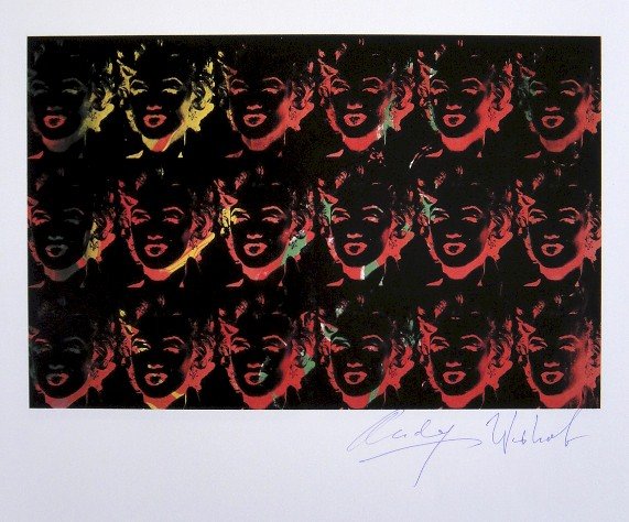 Andy Warhol, signed Print, Eighteen Multi-Colored: Andy WARHOL, "Eighteen Multi-Colored Marilyns" signed Print. From a signed VIP book from 1982. Hand signed by Andy Warhol in blue pen. Size: 7.87 x 9.06 in (20 x 23 cm), printed on the back.