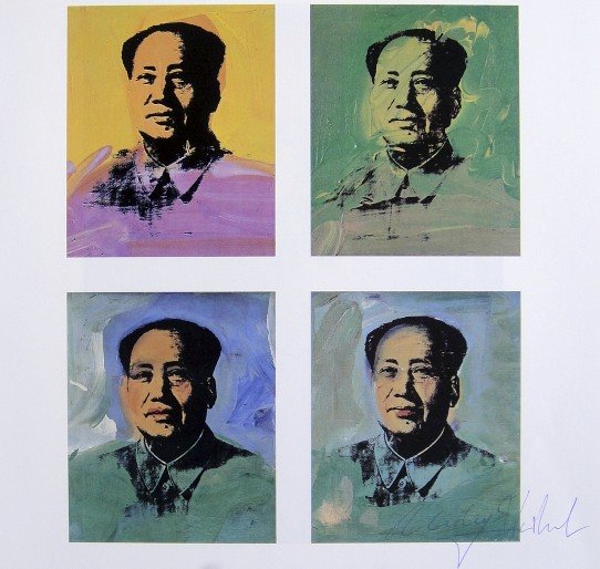 Andy Warhol, signed Print, Mao, 1982: Andy WARHOL, "Mao" signed Print. From a signed VIP book from 1982. Hand signed by Andy Warhol in blue pen. Size: 8.66 x 9.06 in (22 x 23 cm), printed on the back.