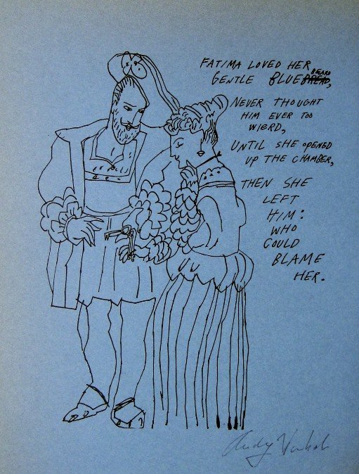 Andy WARHOL, signed offset Print, 1975: Signed offset Print on blue paper by Andy Warhol. From the series "Gold Book". Hand signed by Andy Warhol in black pen. 2nd Edition published in 1975. Size: 11 x 8.2 in (28 x 21 cm), printed on the ba