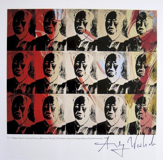 Andy Warhol, signed Print, Fifteen Small Colored Maos,: Andy WARHOL, "Fifteen Small Colored Maos" signed Print. From a signed VIP book from 1982. Hand signed by Andy Warhol in black pen. With titel and printed on the back. Size: 9.45 x 8.66 in (24 x 22 cm)