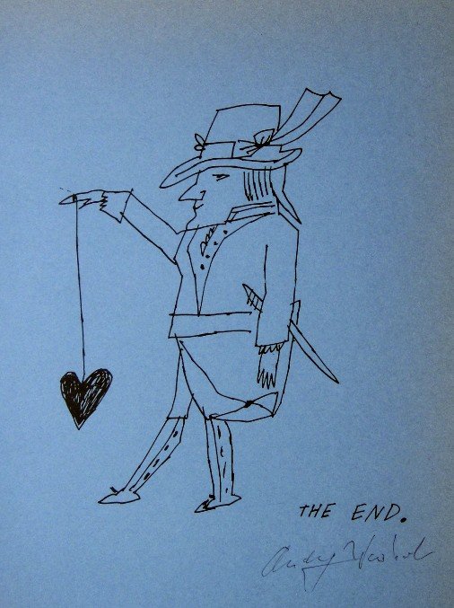 Andy WARHOL, signed offset Print, 1975: Signed offset Print on blue paper by Andy Warhol. From the series "Gold Book". Hand signed by Andy Warhol in black pen. 2nd Edition published in 1975. Size: 11 x 8.2 in (28 x 21 cm), printed on the ba