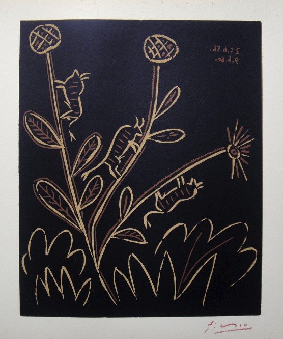 PABLO PICASSO, Hand signed Linocut, 1962: Pablo Picasso original hand signed Linocut, 1962. "Plante aux Toritos" (Bloch 948) Signature in red pencil by Pablo Picasso. Publishing house Gerd Hatje, Stuttgart 1962 and for France edition Circle d