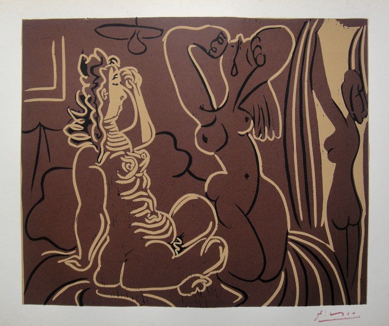 PABLO PICASSO, Hand signed Linocut, 1962: Pablo Picasso original hand signed Linocut, 1962. "Trois Femmes" (Bloch 926) Signature in red pencil by Pablo Picasso. Publishing house Gerd Hatje, Stuttgart 1962 and for France edition Circle d'Art, 