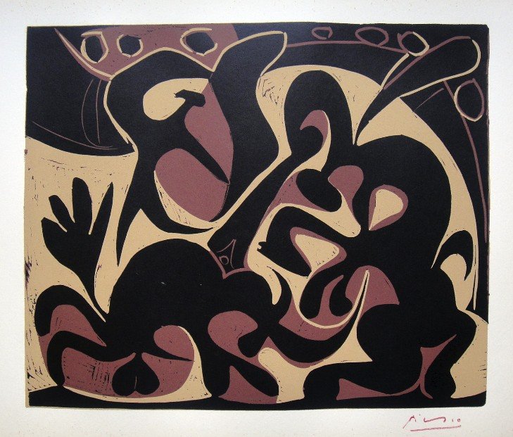 PABLO PICASSO, Hand signed Linocut, 1962: Pablo Picasso original hand signed Linocut, 1962. "Pique" (Bloch 909) Signature in red pencil by Pablo Picasso. Publishing house Gerd Hatje, Stuttgart 1962 and for France edition Circle d'Art, Paris 1