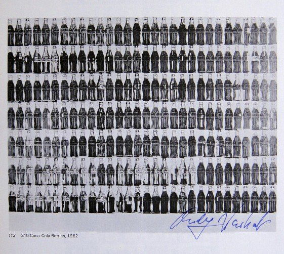 Andy Warhol, signed Print, 210 Coca-Cola Bottles, 1976: Andy WARHOL, "210 Coca-Cola Bottles" signed Print. From a signed VIP book from 1976. Hand signed by Andy Warhol in blue pen. With titel and printed on the back. Size: 6.69 x 8.07 in (17 x 20.5 cm).