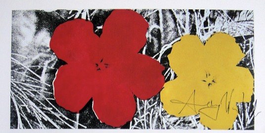 Andy Warhol, signed Print, Flowers, 1986: Andy WARHOL, "Flowers" signed Print. From a signed VIP book from 1986. Hand signed by Andy Warhol in black pen. Size: 4.53 x 8.66 in (11.5 x 22 cm), printed on the back.